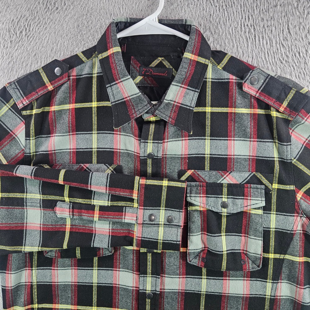 7 Diamonds Mens XL Plaid Snap Front Shirt Epaulets Long Sleeve Black Red Grey